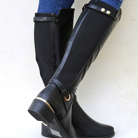New Black Elastic Panel Knee High Riding Boots - Picture 2 of 4